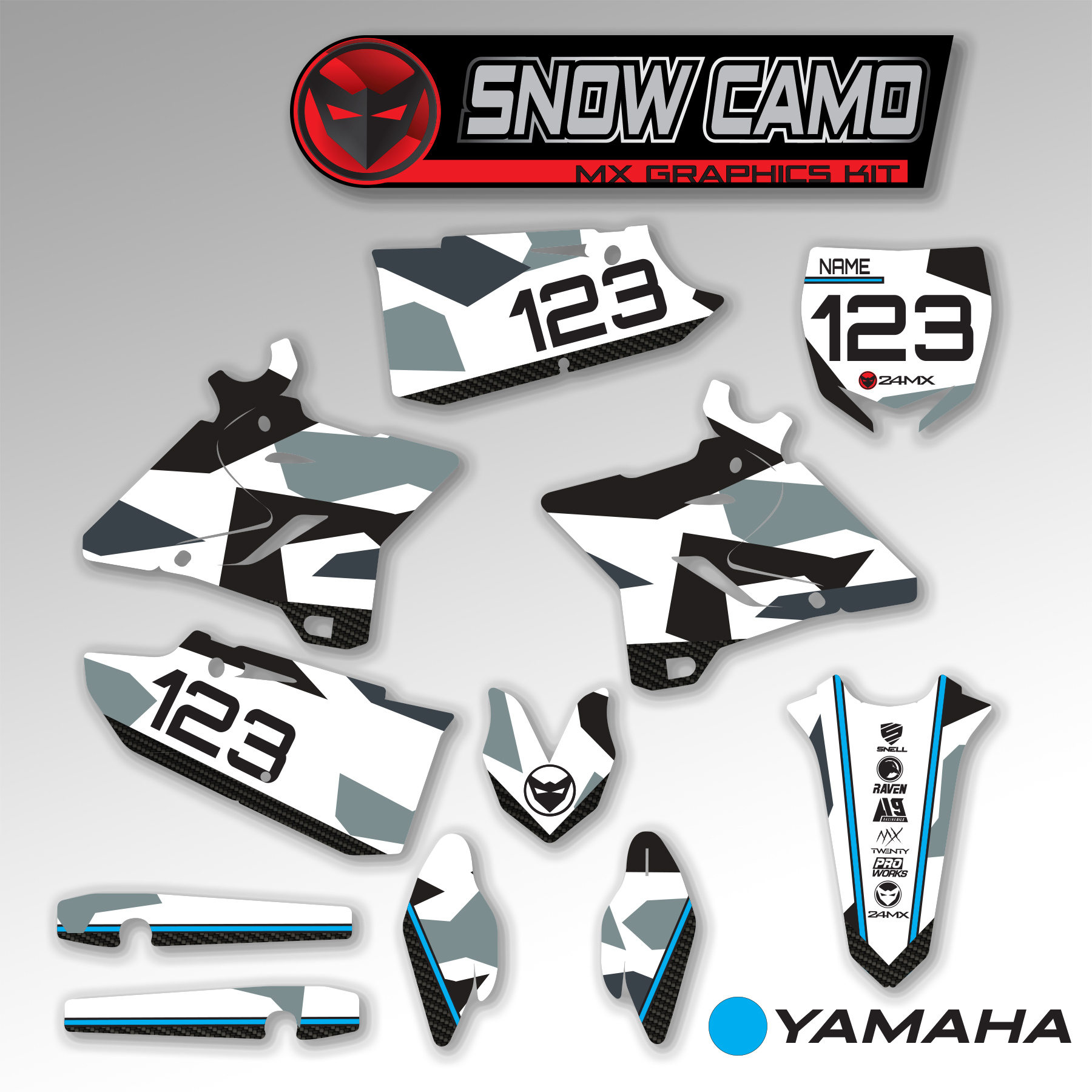 Juego de Adhesivos Completo 24MX Camuflaje Nieve + Adhesivos Portanúmeros