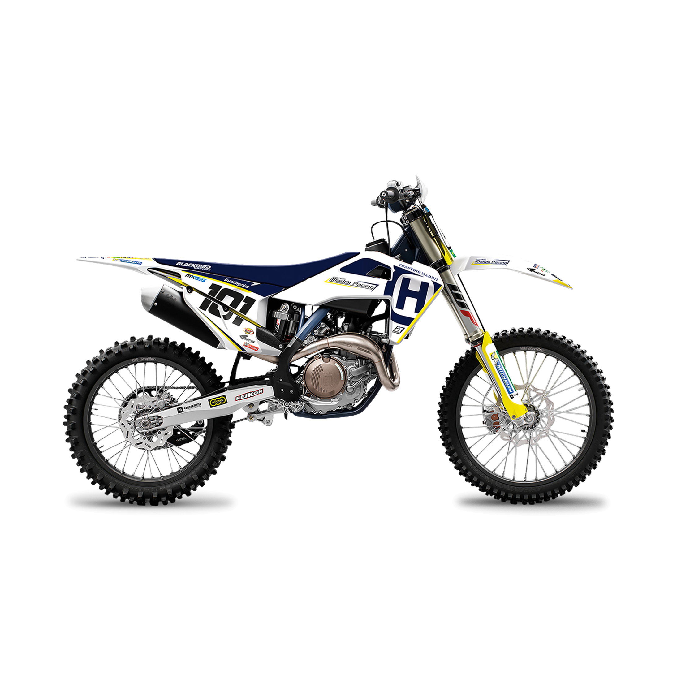 Kit Completo de Adhesivos + Funda de Asiento Blackbird Replica Maddii Racing 2018 Blanco-Amarillo-Azul