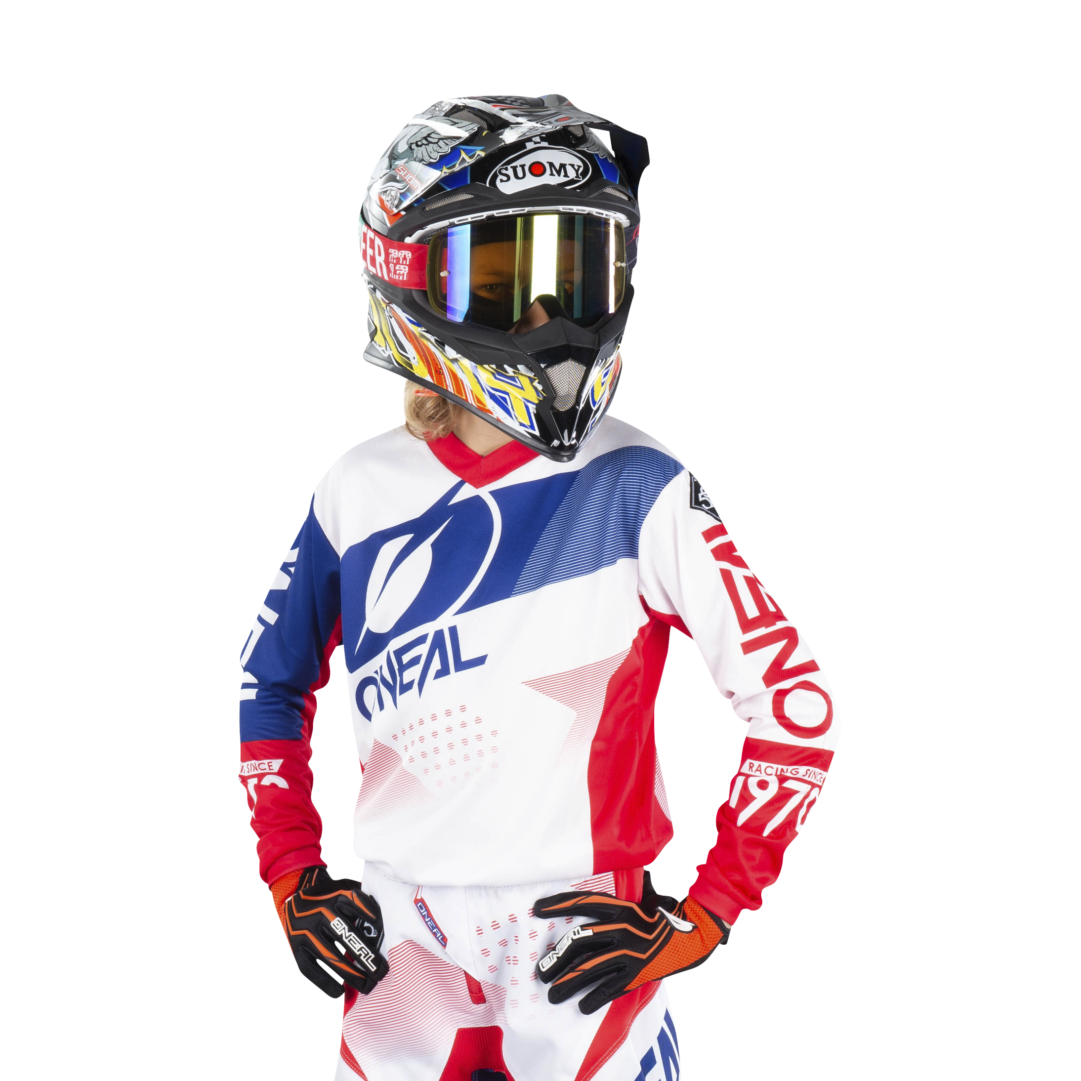 red white and blue motocross gear