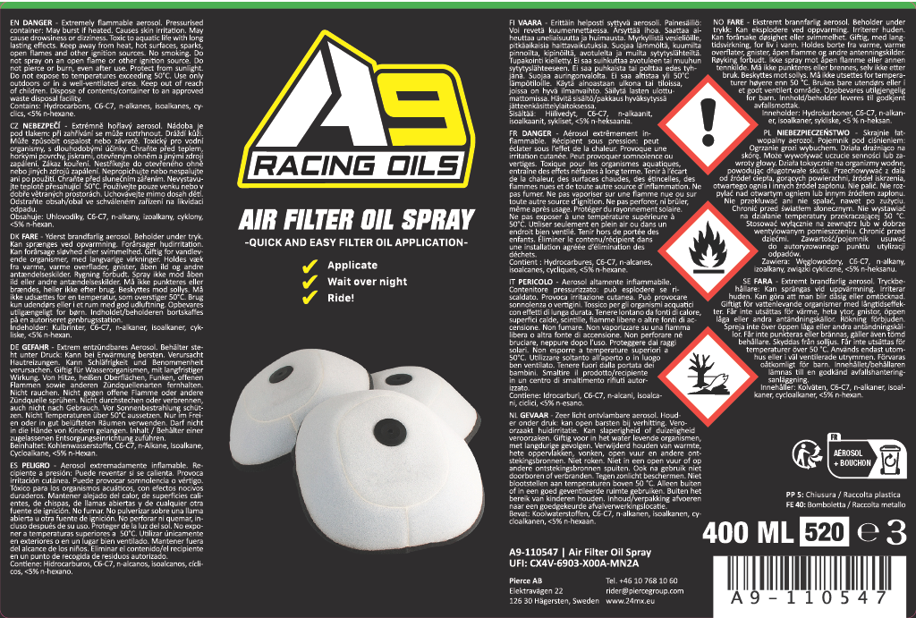 Luchtfilteroliespray A9 Racing 400ml