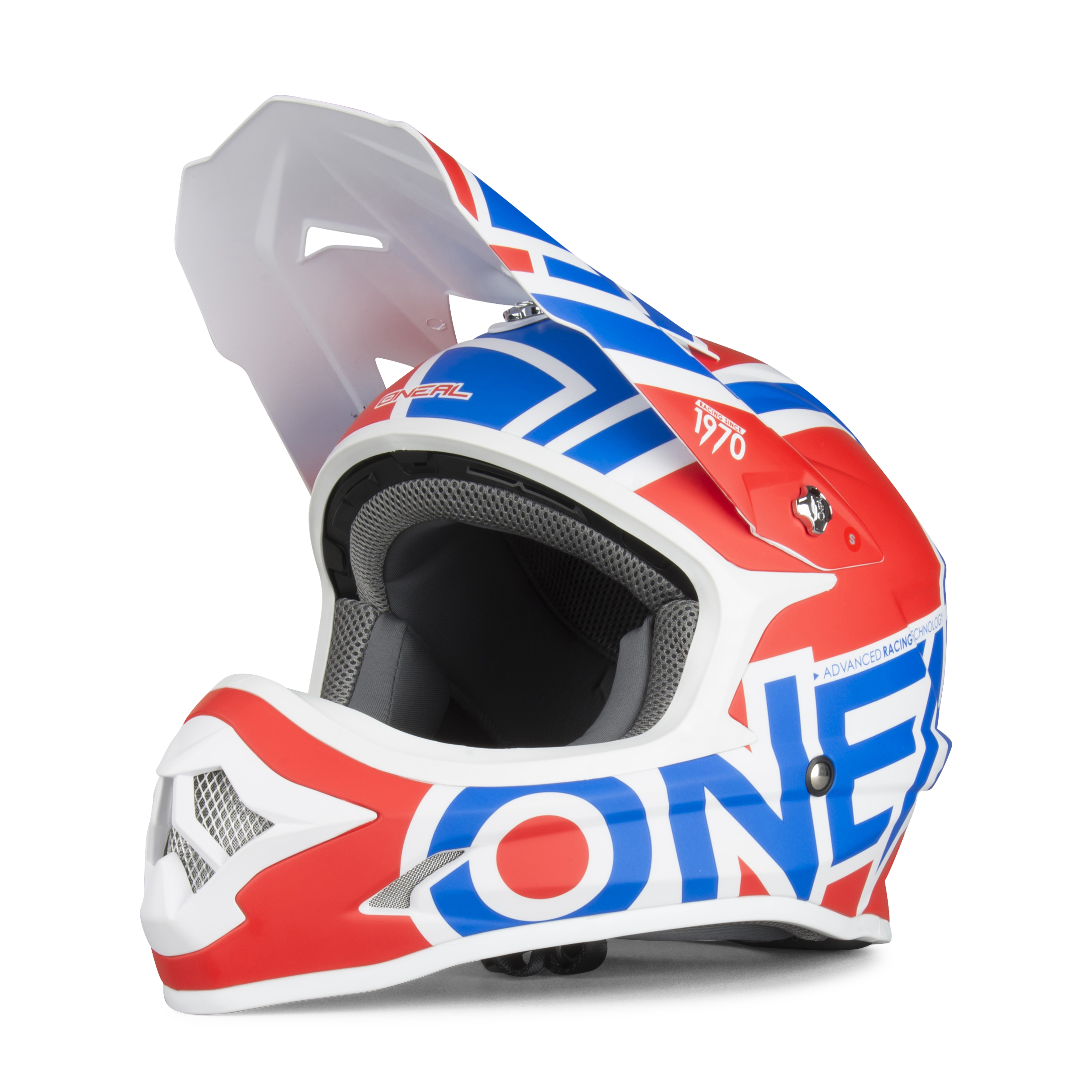 red white and blue motocross helmet