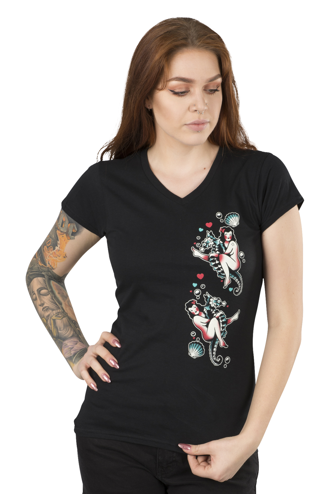 T-shirt met V-hals Dames Lucky 13 Seahorse