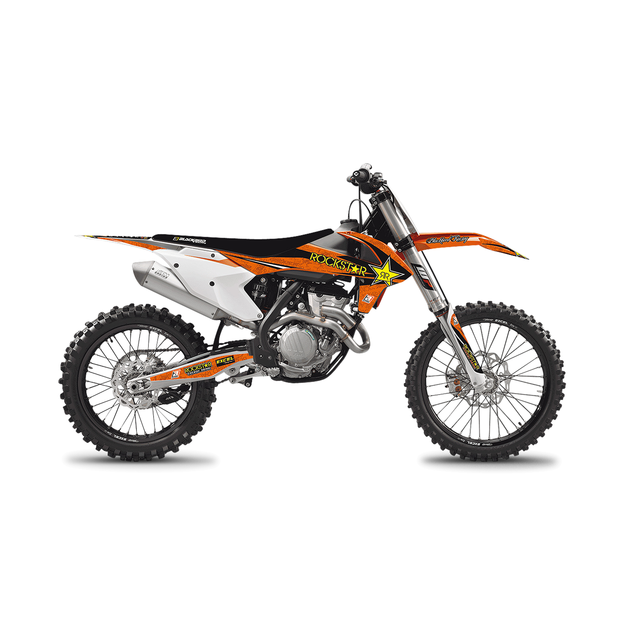 Kit Completo de Adhesivos + Funda de Asiento Blackbird Rockstar Energy Naranja-Negro-Amarillo