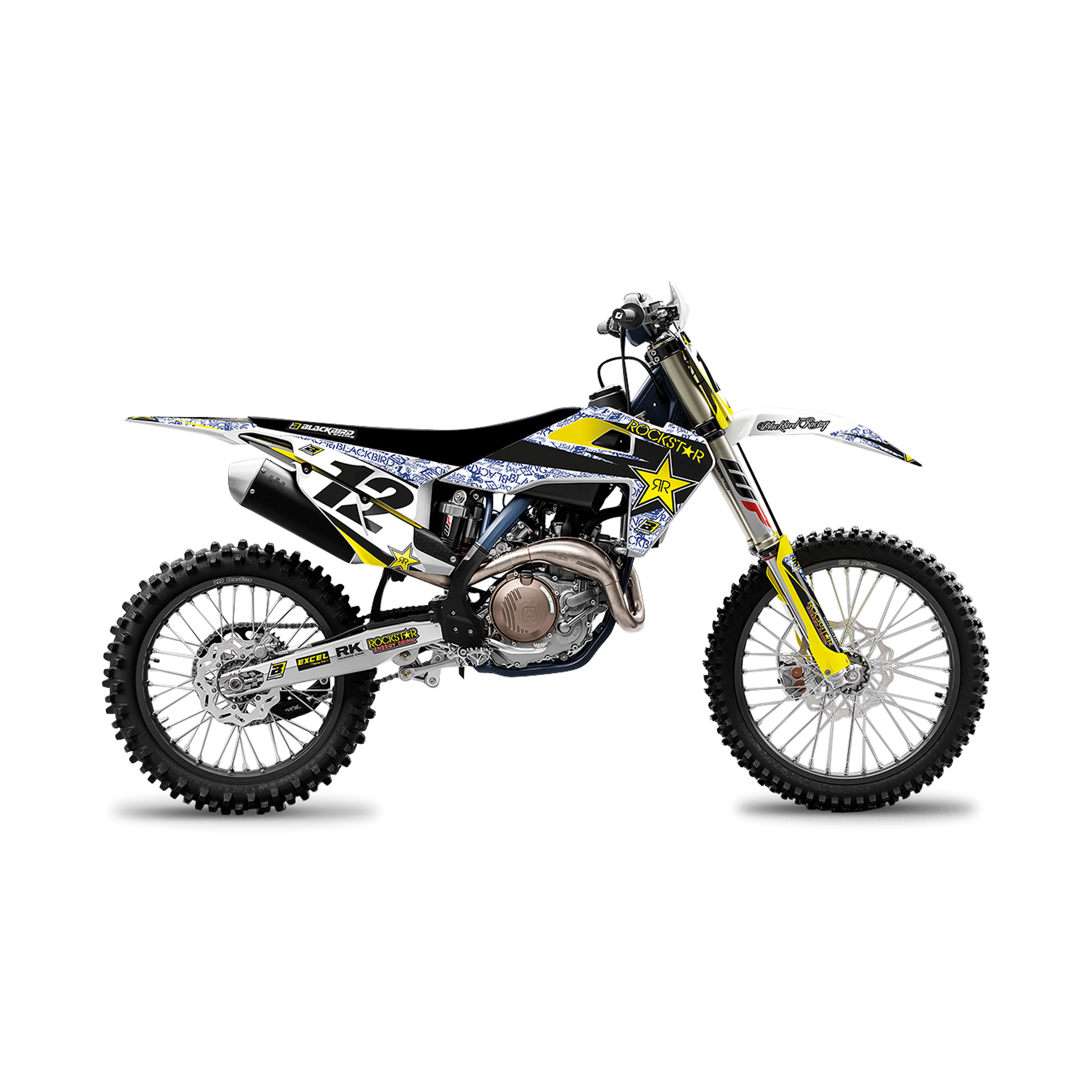 Kit Completo de Adhesivos + Funda de Asiento Blackbird Rockstar Energy Blanco-Azul-Negro