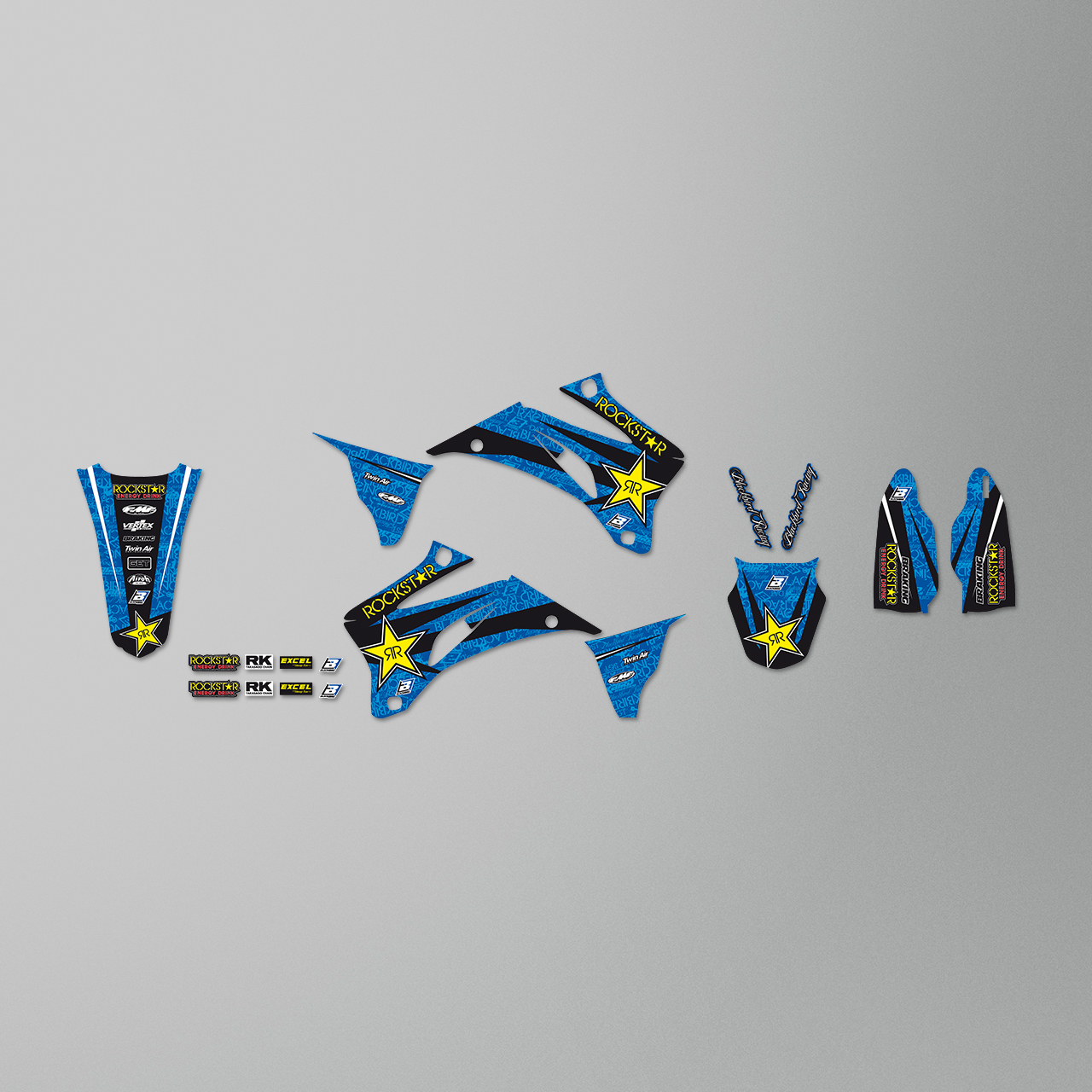 Complete Stickerset + Zadelovertrek Blackbird Rockstar Energy Blauw-Geel-Zwart