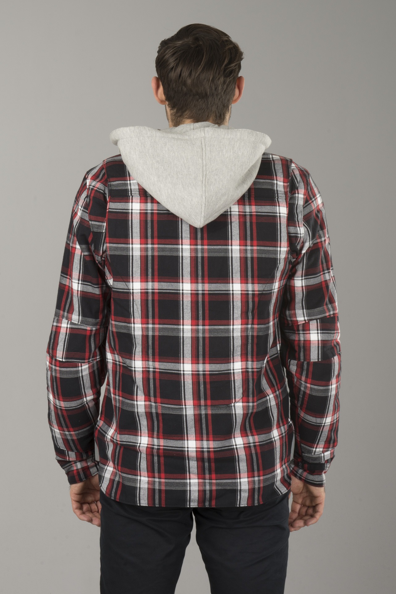 red flannel with grey hood