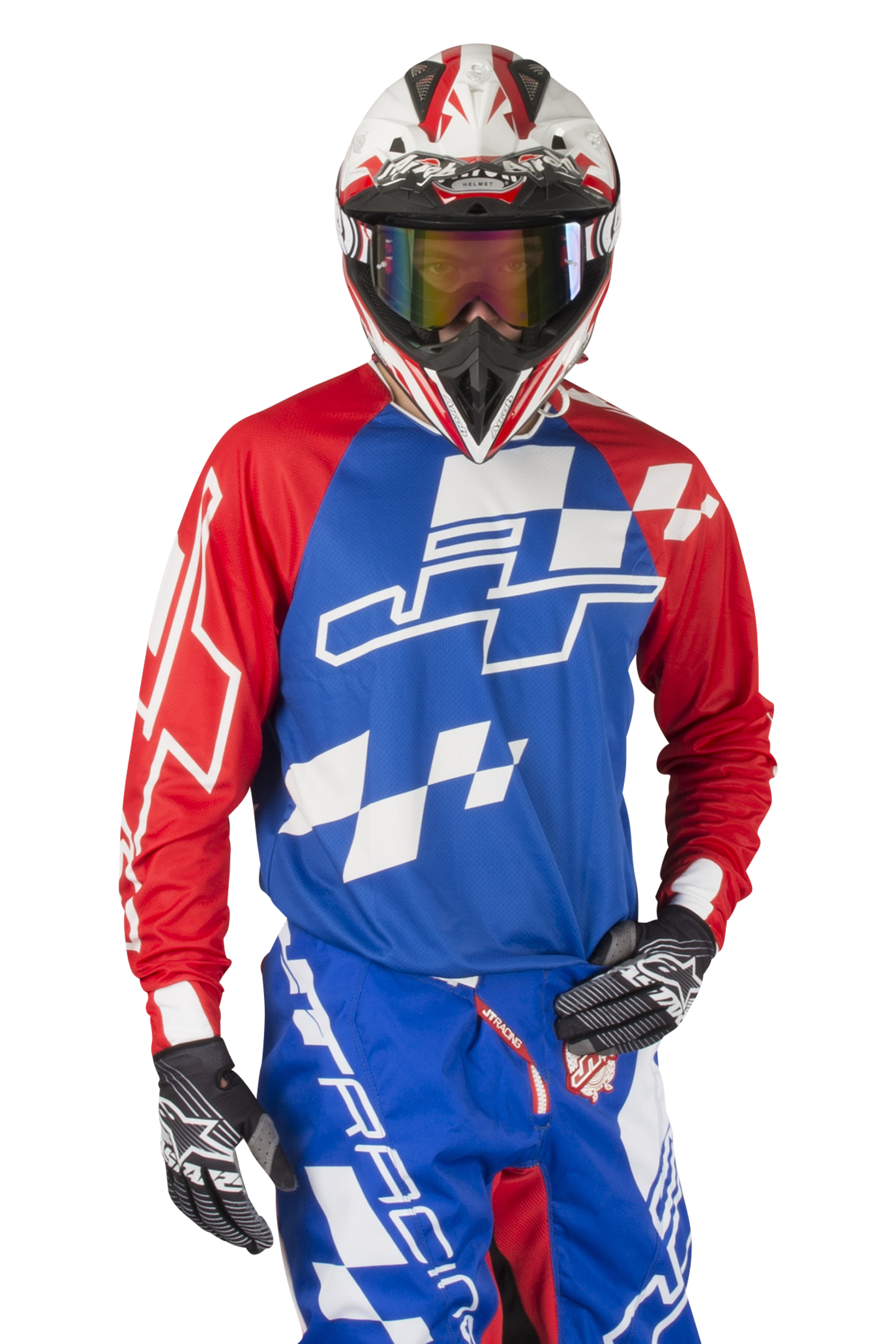 red white and blue motocross gear