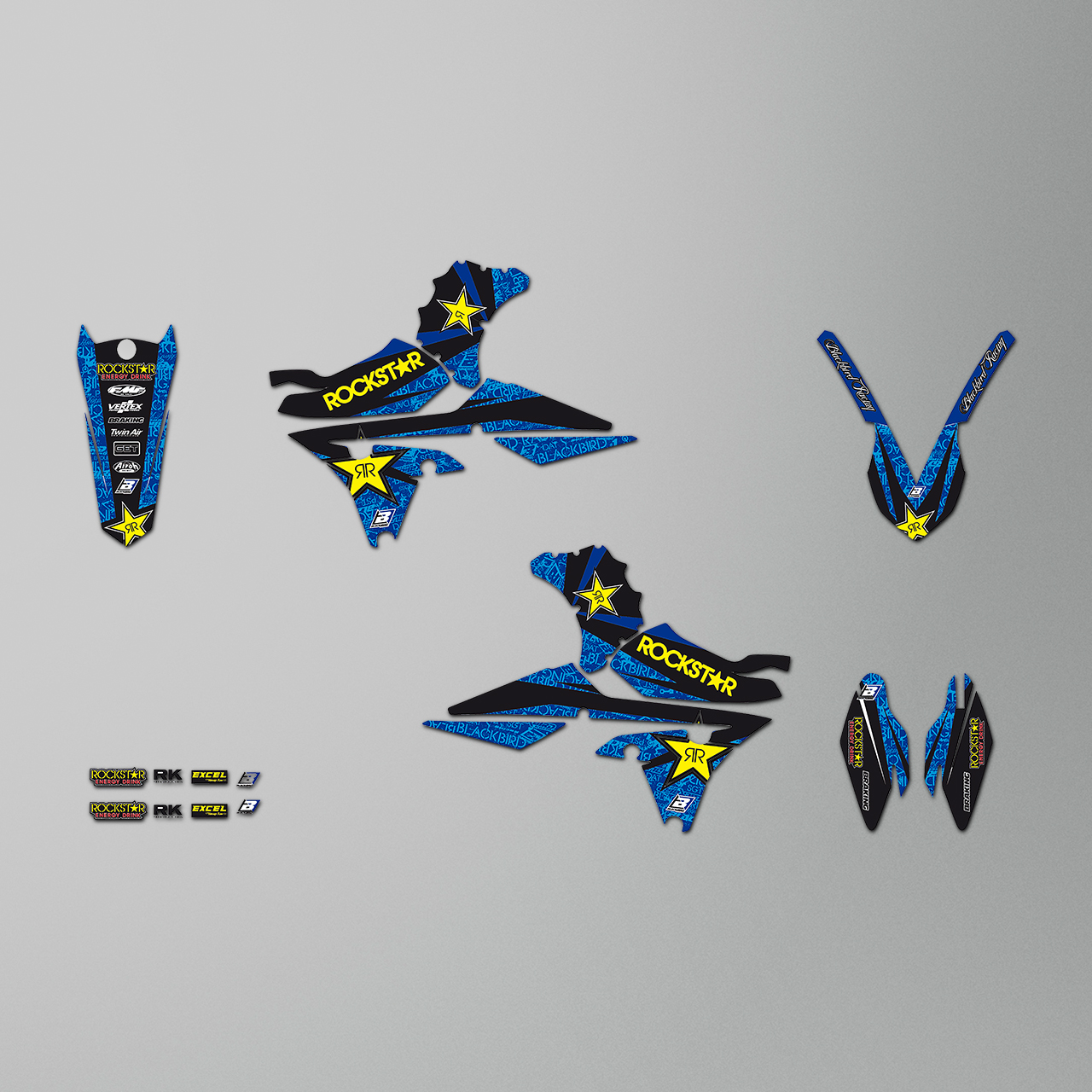 Complete Stickerset + Zadelovertrek Blackbird Rockstar Energy Blauw-Geel-Zwart
